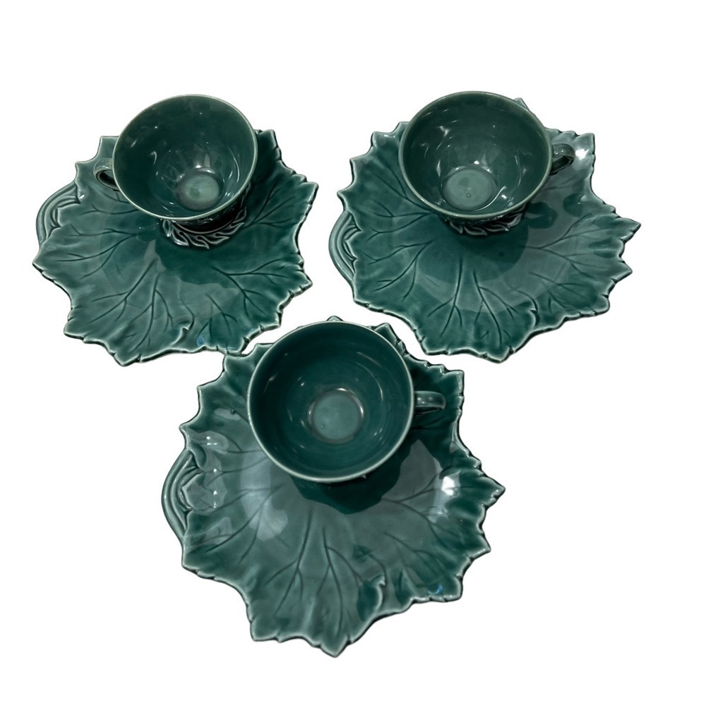 Vintage Woodfield by Steubenville Snack Sets Leaf Plates Cups 3 Green 3 Gray